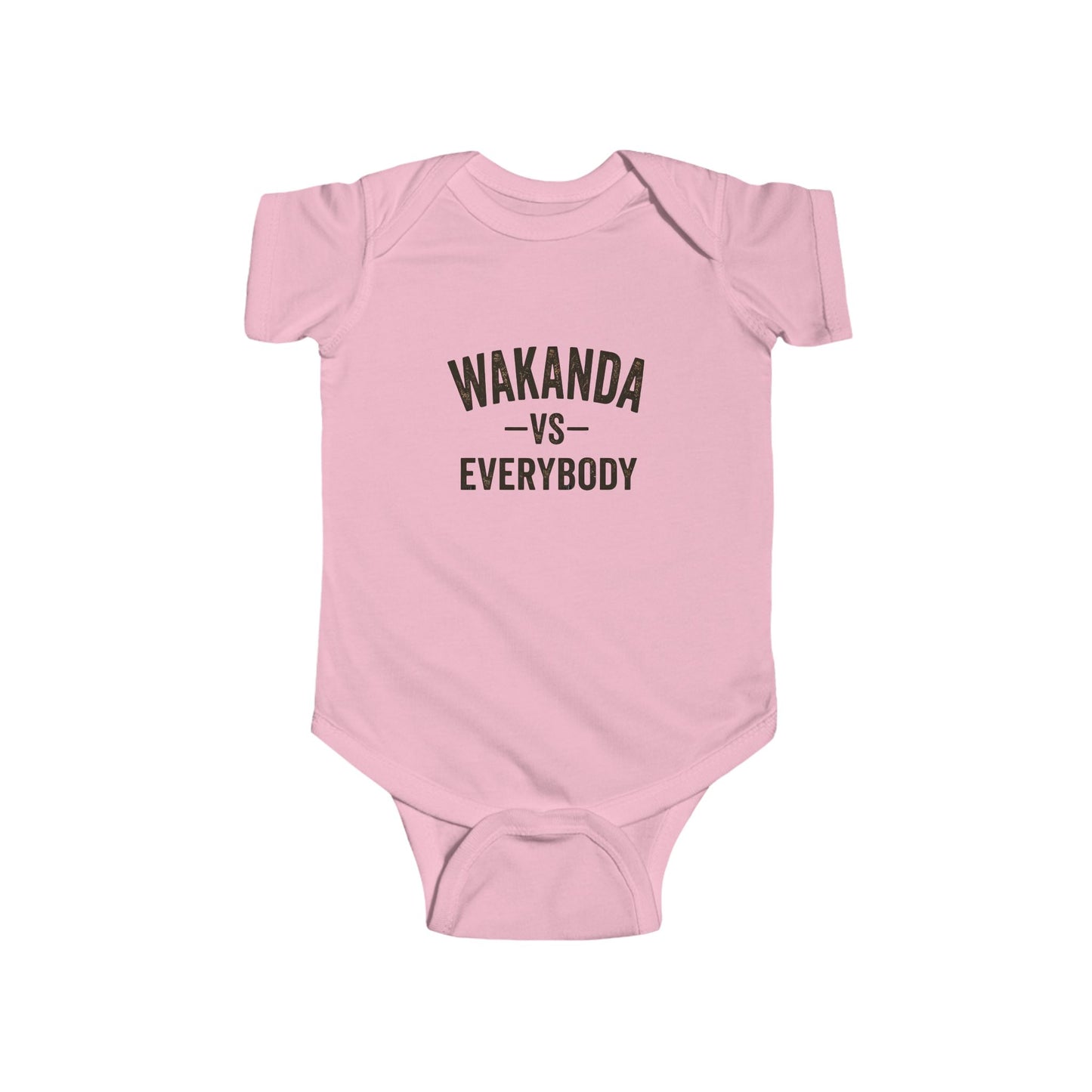 Pink baby onesie with 'Wakanda vs Everybody' text on a white background