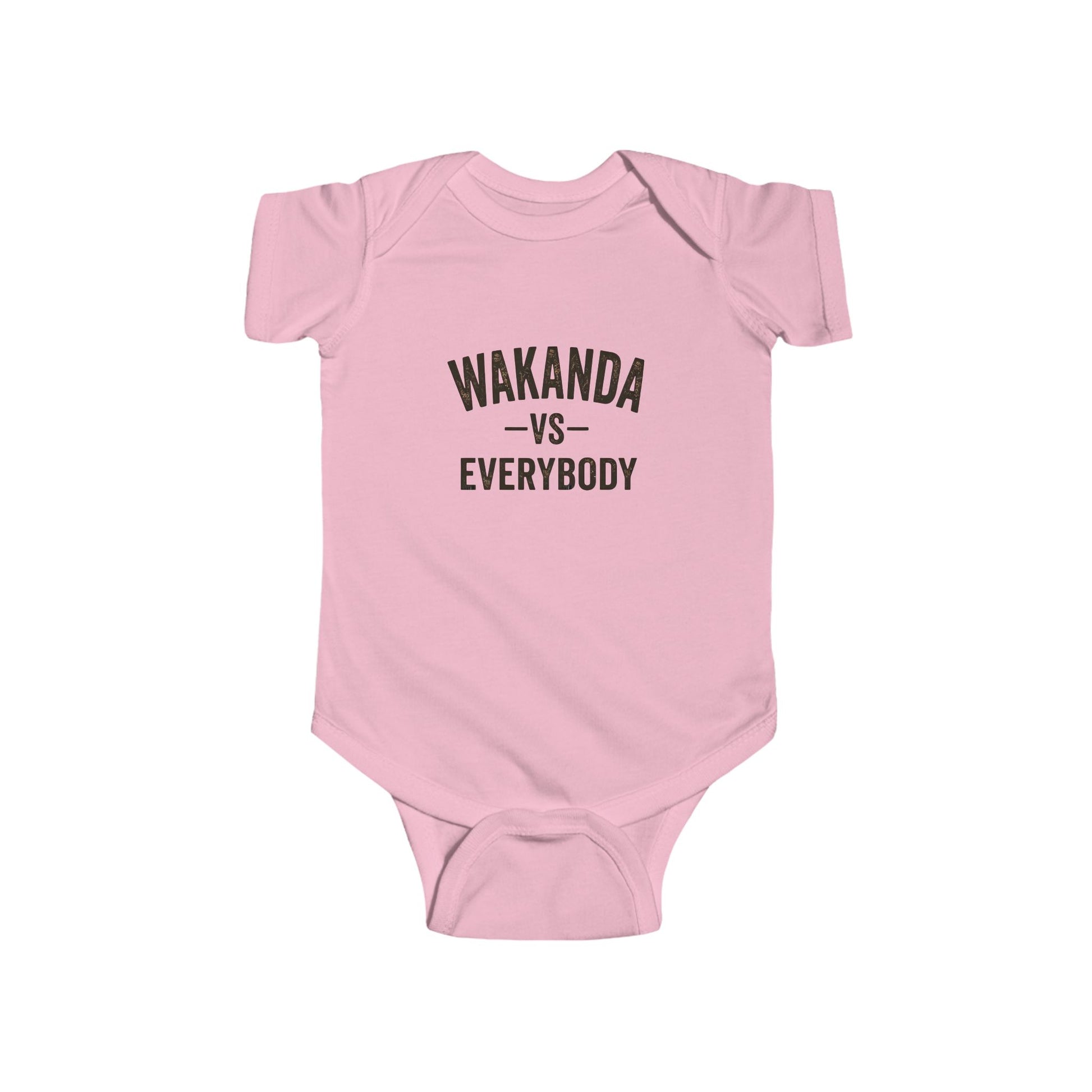 Pink baby onesie with 'Wakanda vs Everybody' text on a white background