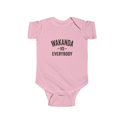 Pink baby onesie with 'Wakanda vs Everybody' text on a white background