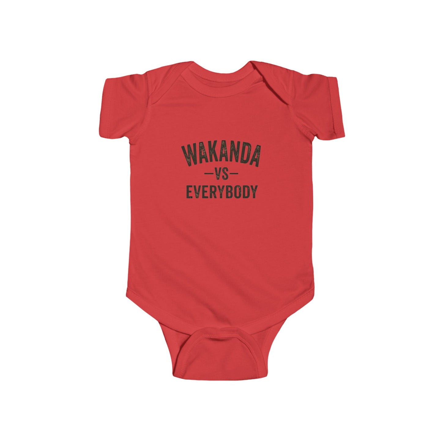 Red baby onesie with 'Wakanda vs Everybody' text on a white background