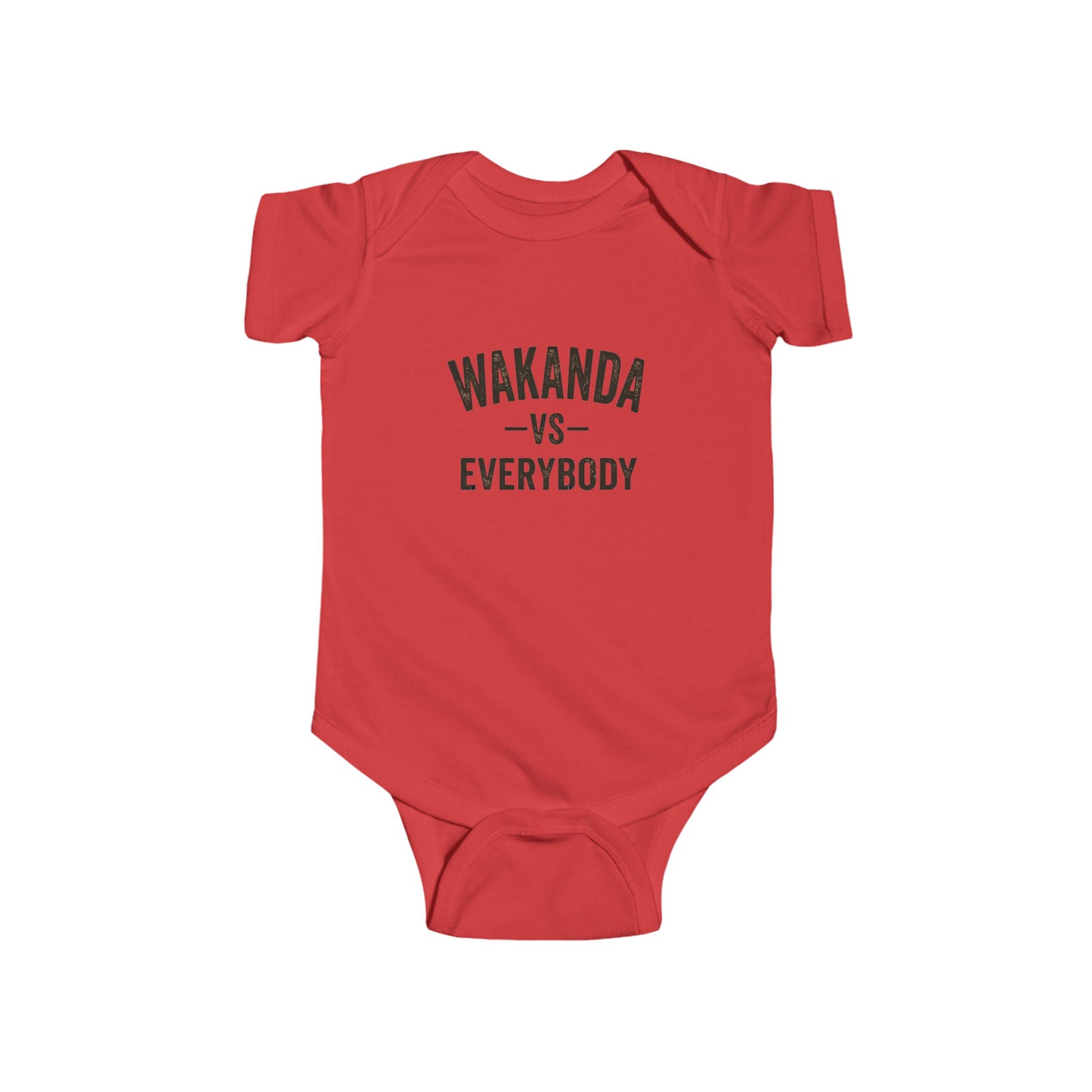 Red baby onesie with 'Wakanda vs Everybody' text on a white background