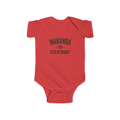 Red baby onesie with 'Wakanda vs Everybody' text on a white background