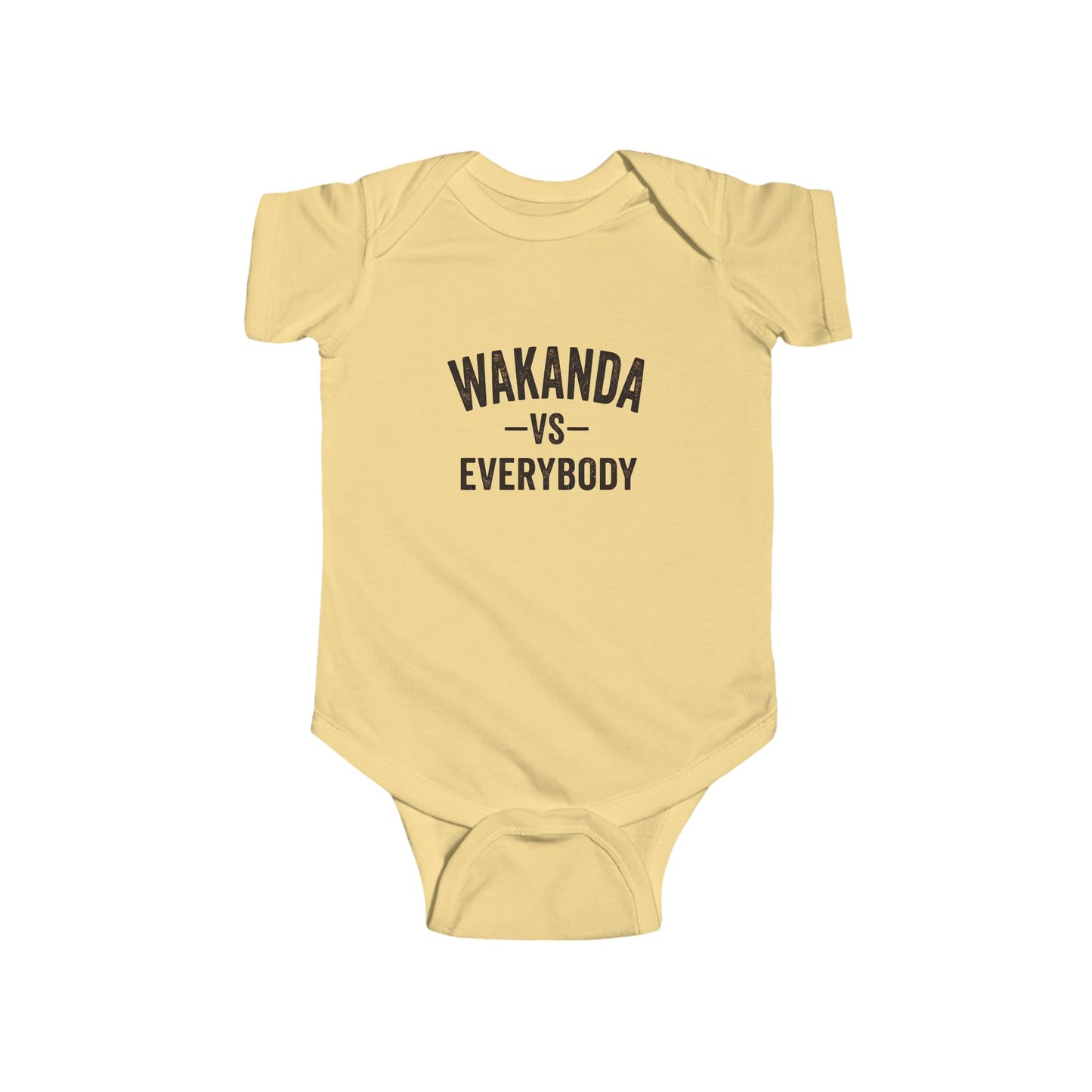 Yellow baby onesie with 'Wakanda vs Everybody' text on a white background