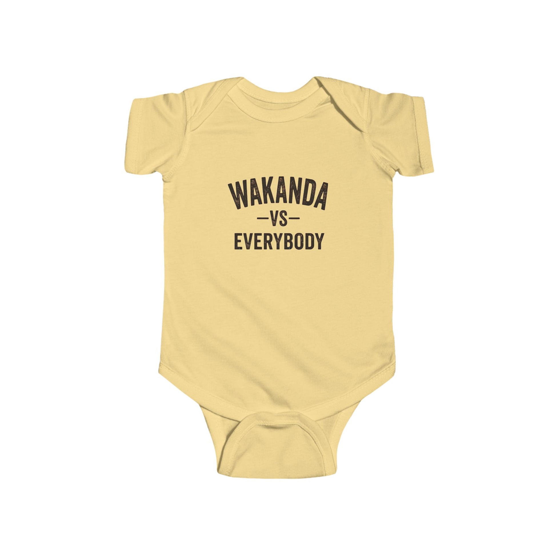 Yellow baby onesie with 'Wakanda vs Everybody' text on a white background