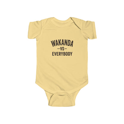 Yellow baby onesie with 'Wakanda vs Everybody' text on a white background