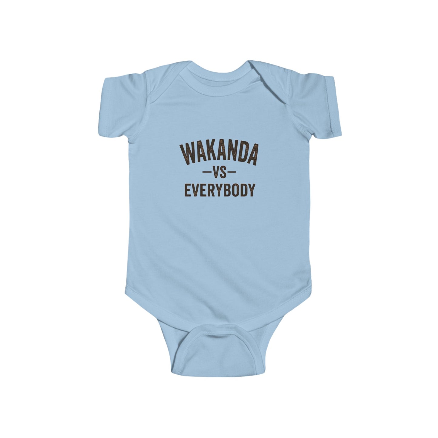 Light blue baby onesie with 'Wakanda vs Everybody' text on a white background