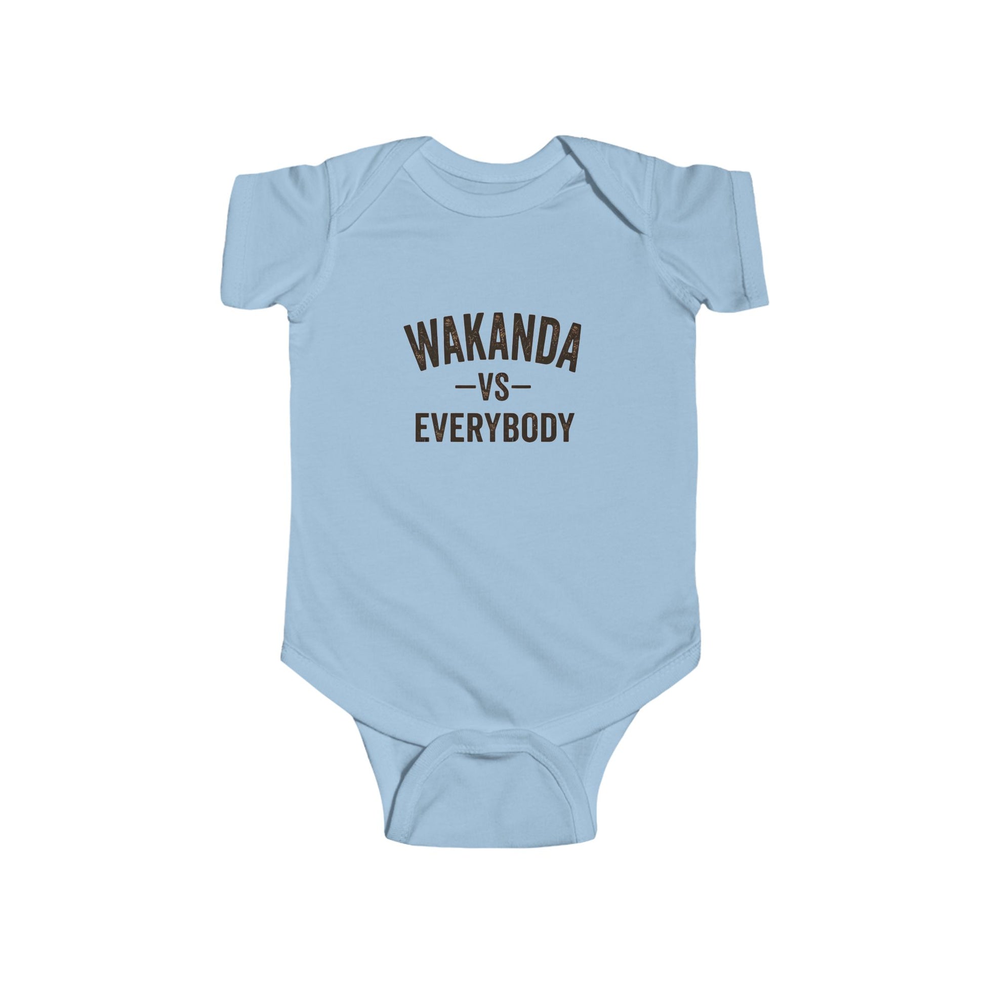 Light blue baby onesie with 'Wakanda vs Everybody' text on a white background