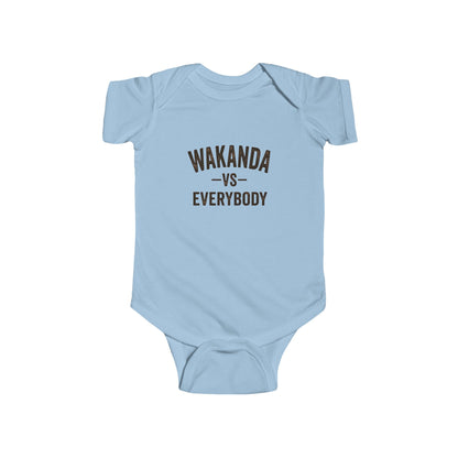 Light blue baby onesie with 'Wakanda vs Everybody' text on a white background