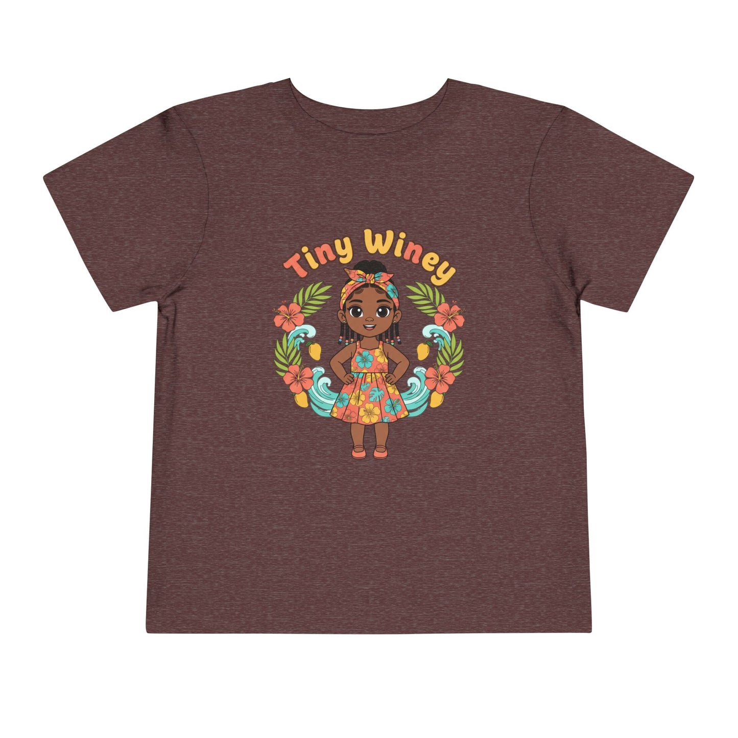 Children's t-shirt with a graphic of a girl and 'Tiny Winey' text on a brown background
