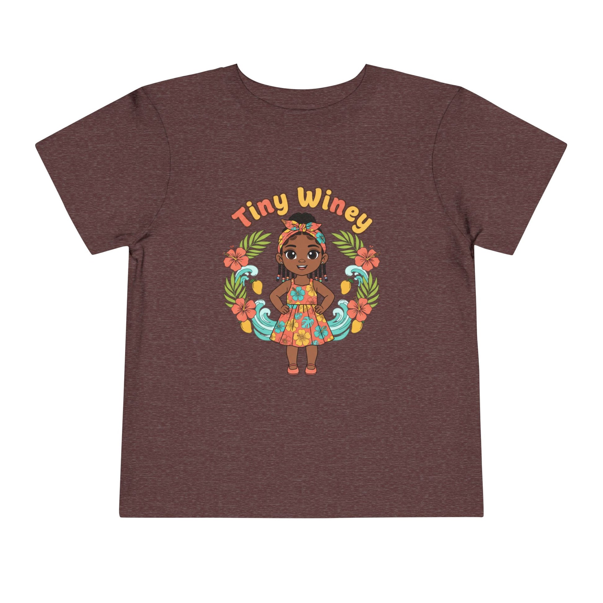 Children's t-shirt with a graphic of a girl and 'Tiny Winey' text on a brown background