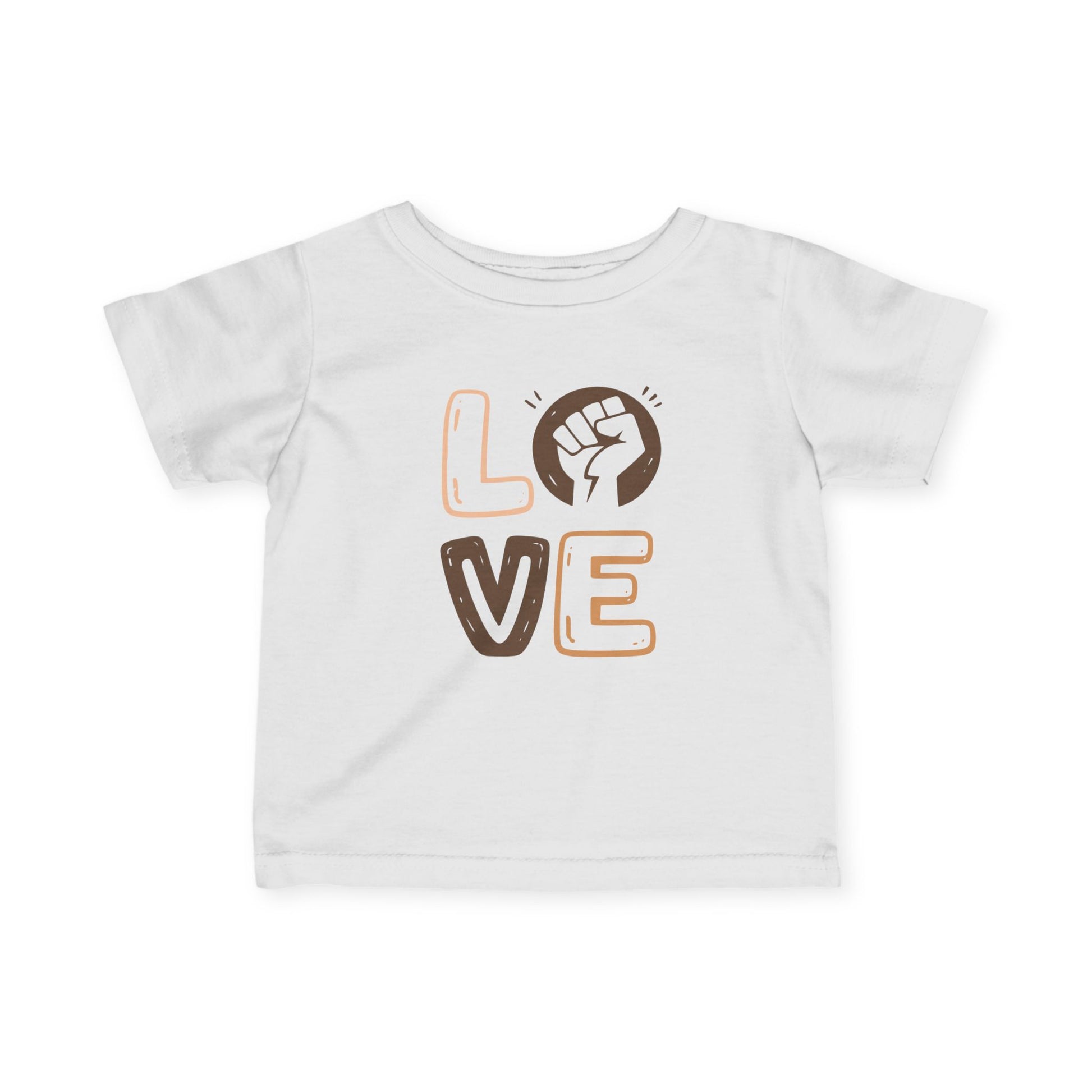 White t-shirt with 'LOVE' and a fist graphic on a white background