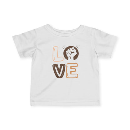 White t-shirt with 'LOVE' and a fist graphic on a white background