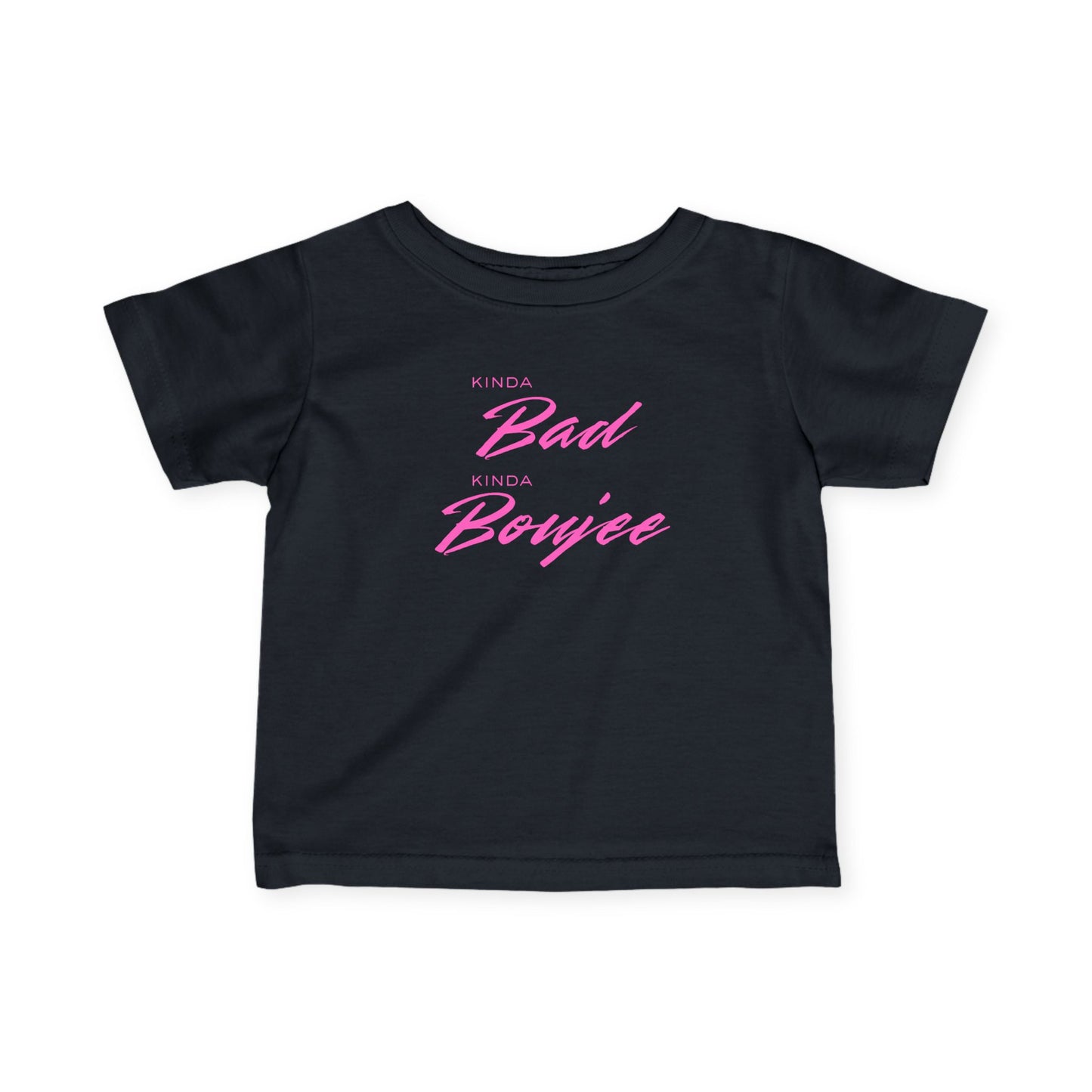 Black t-shirt with pink text on a white background