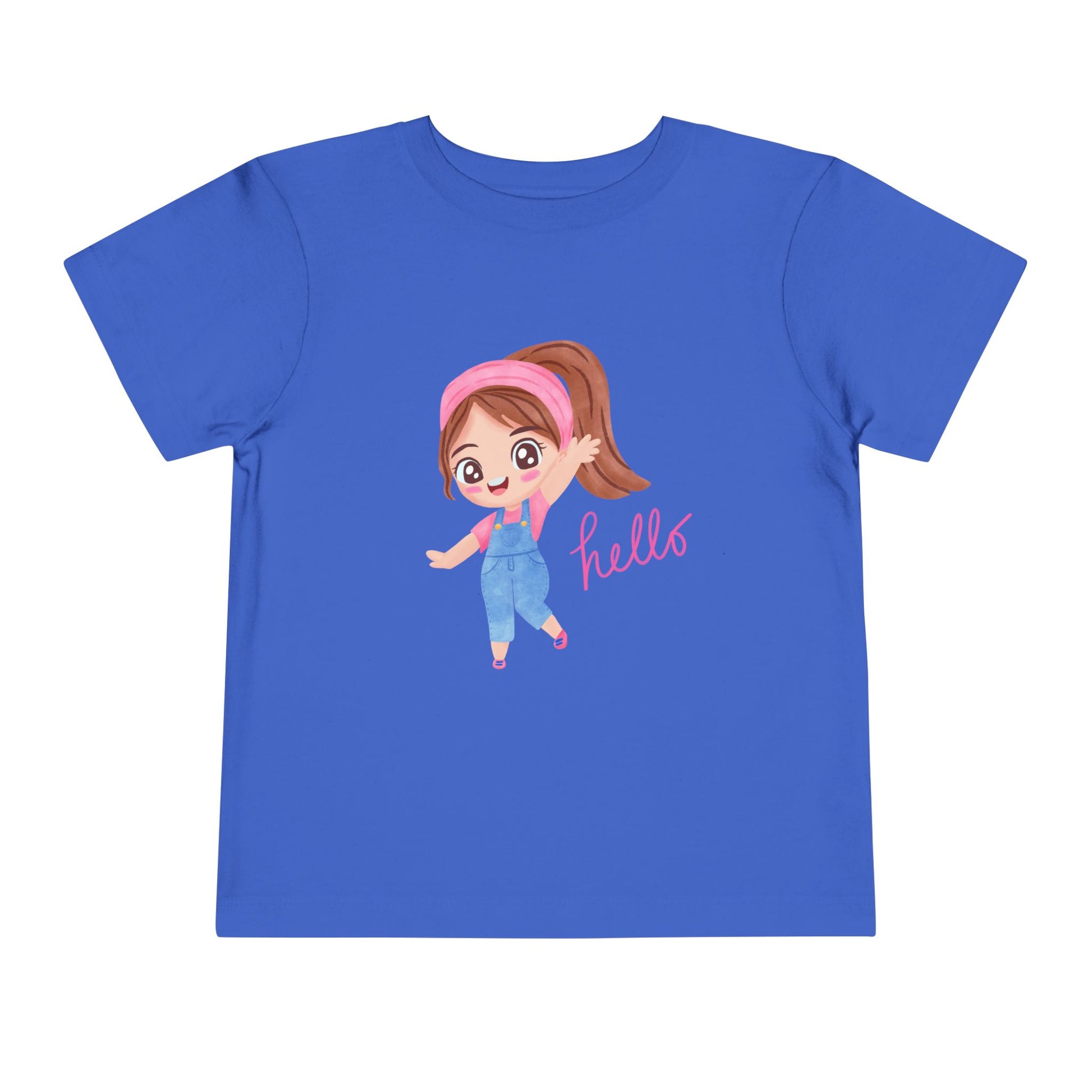 Blue t-shirt with a cartoon character and 'hello' text on a white background