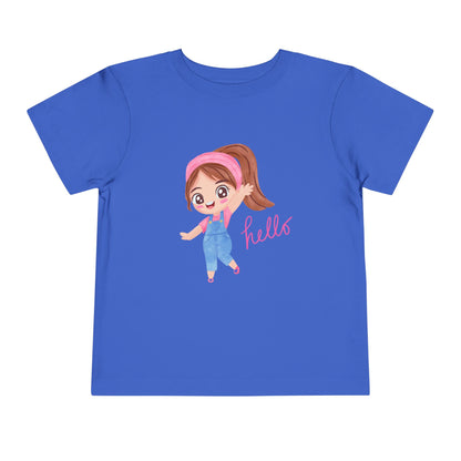 Blue t-shirt with a cartoon character and 'hello' text on a white background