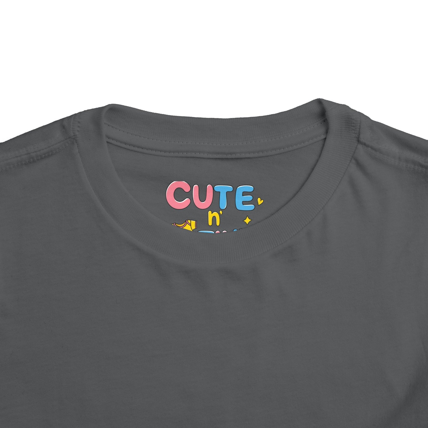 Gray t-shirt with colorful 'CUTE n' text on a white background