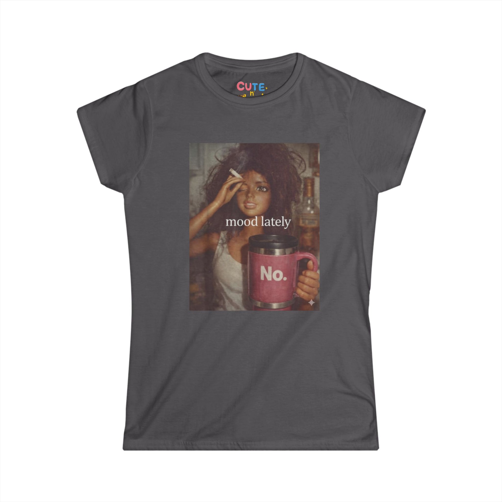 Gray t-shirt with a graphic of a woman holding a mug and text 'mood lately No.' on a white background.
