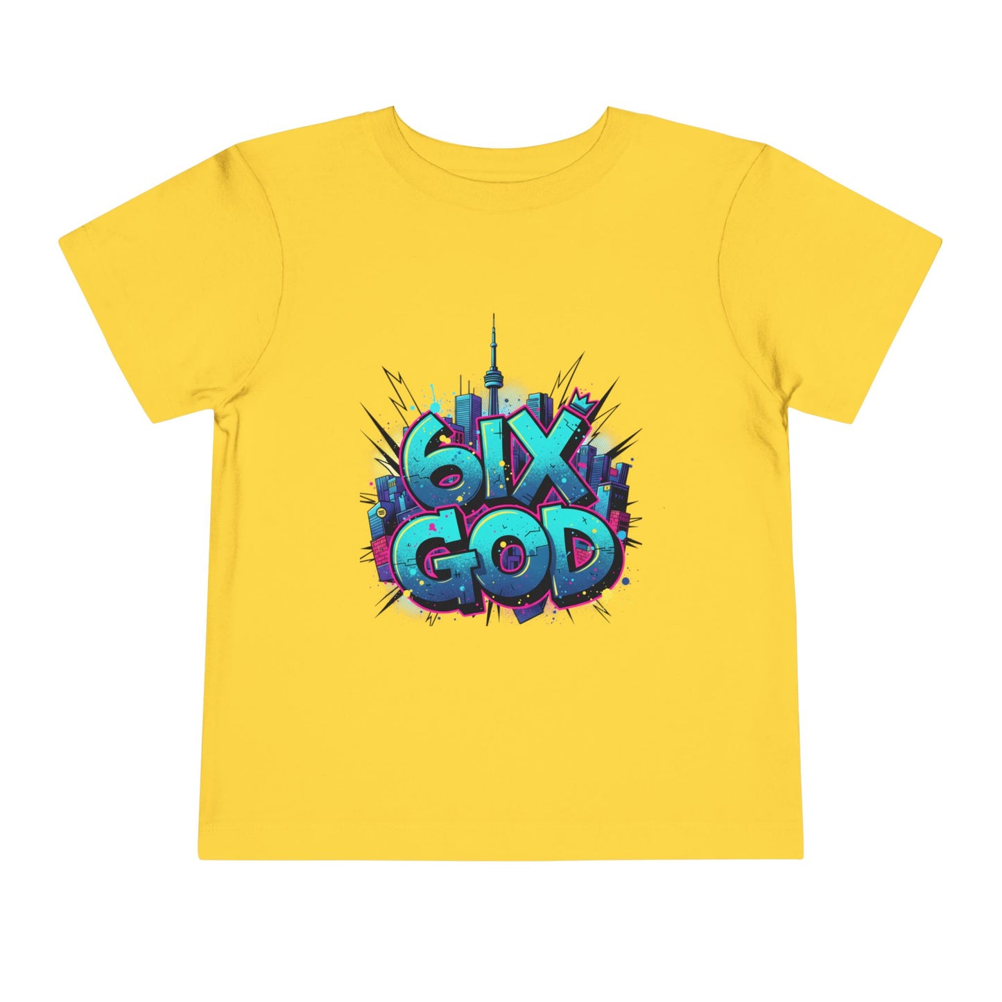 Yellow t-shirt with colorful '6IX GOD' graphic design on a white background