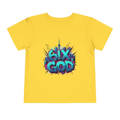 Yellow t-shirt with colorful '6IX GOD' graphic design on a white background