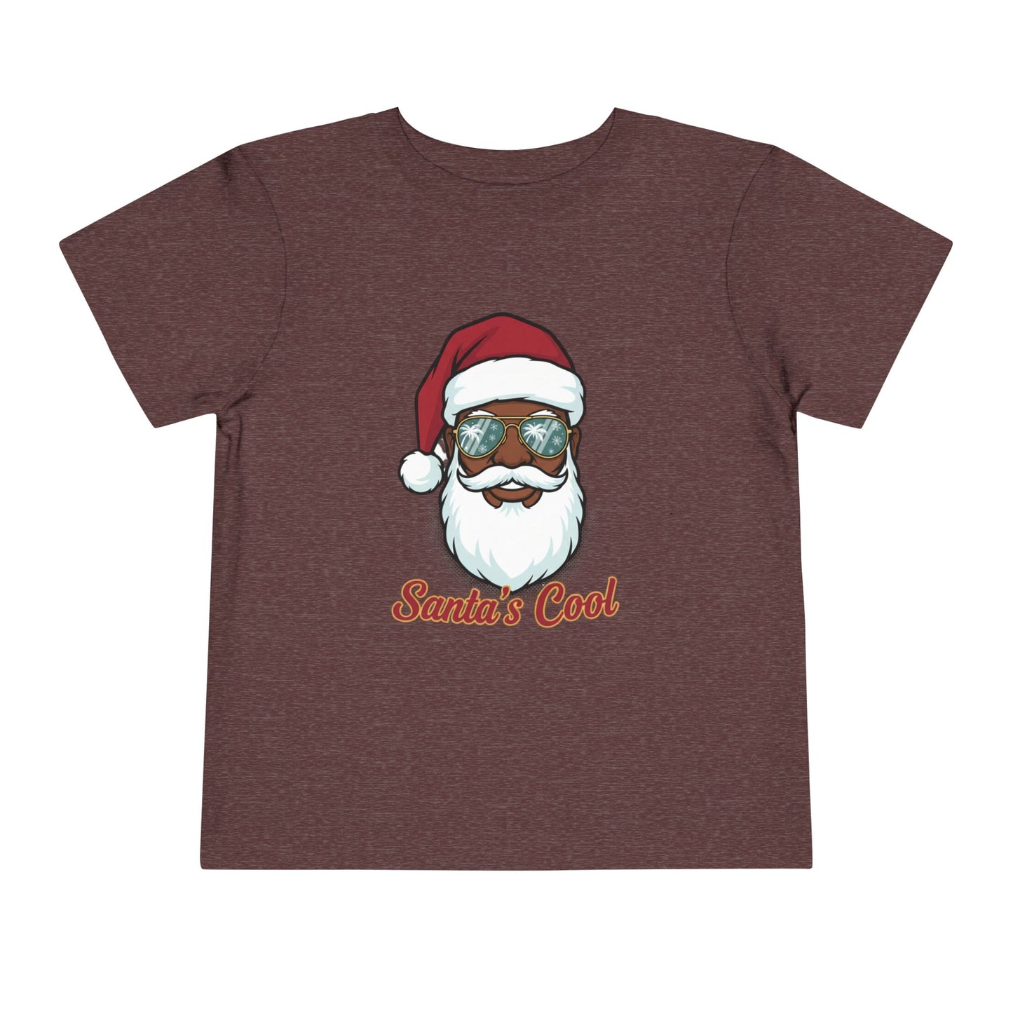 Maroon t-shirt with a graphic of a cool Santa Claus wearing sunglasses and 'Santa's Cool' text on a white background.