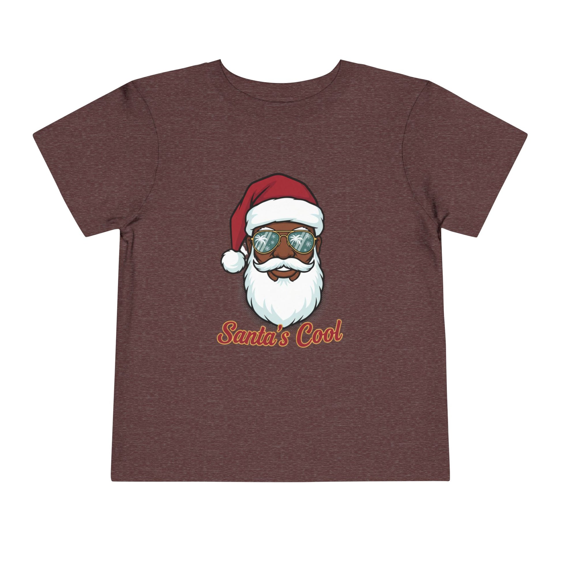 Maroon t-shirt with a graphic of a cool Santa Claus wearing sunglasses and 'Santa's Cool' text on a white background.