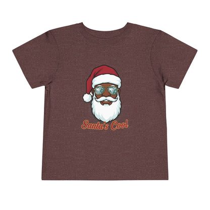 Maroon t-shirt with a graphic of a cool Santa Claus wearing sunglasses and 'Santa's Cool' text on a white background.