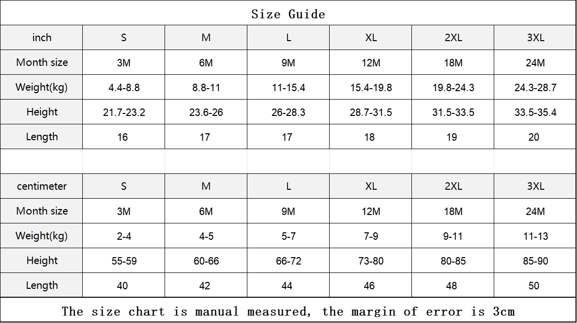 Size chart for clothing with measurements in inches and centimeters.