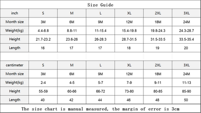 Size chart for clothing with measurements in inches and centimeters.