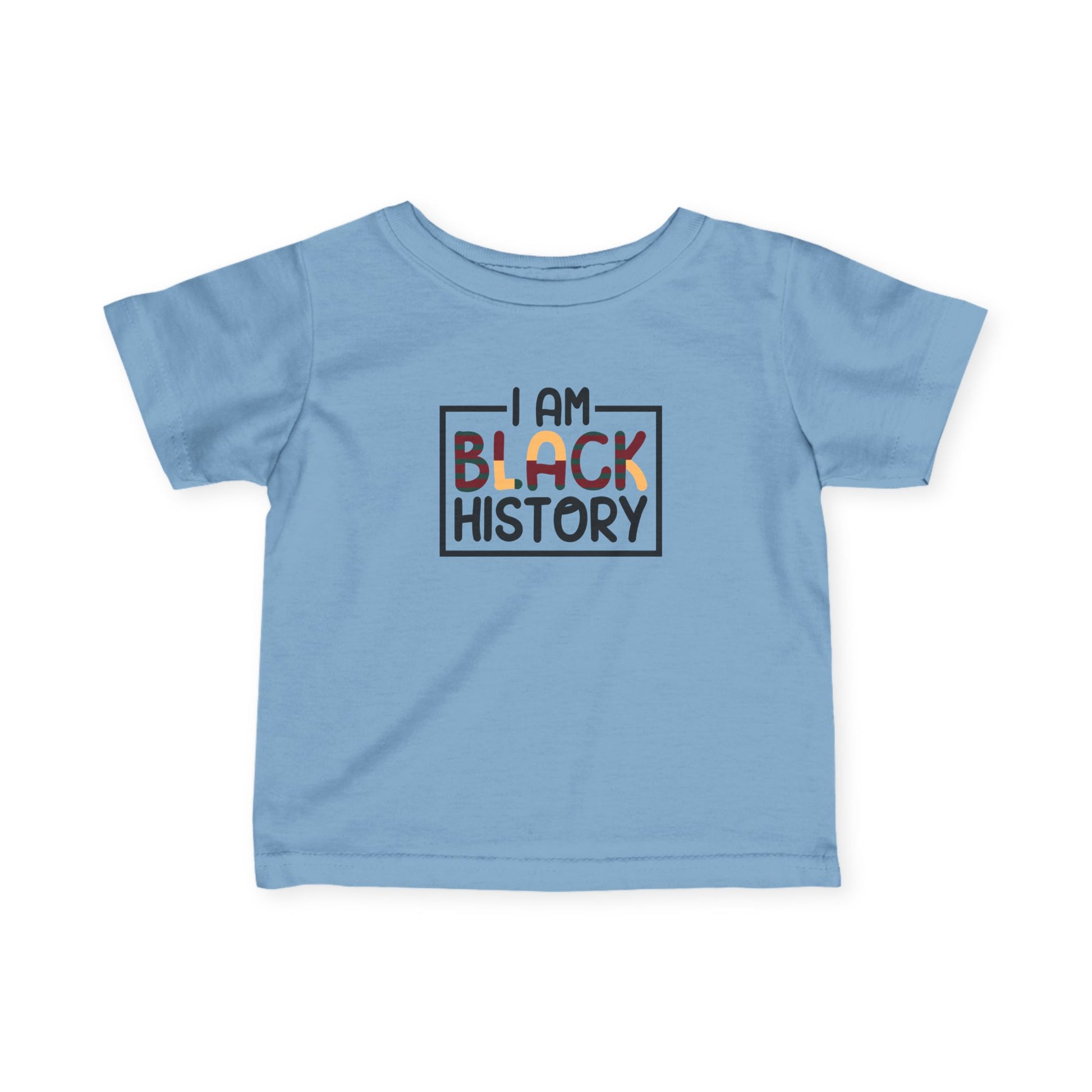 Light blue t-shirt with 'I AM BLACK HISTORY' text on a white background