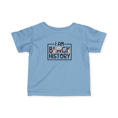 Light blue t-shirt with 'I AM BLACK HISTORY' text on a white background