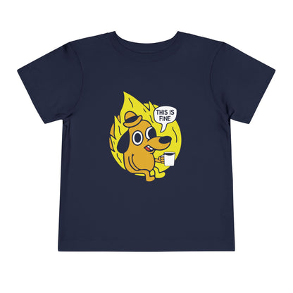 Navy blue t-shirt with a yellow dog graphic and 'This is fine' text on a white background