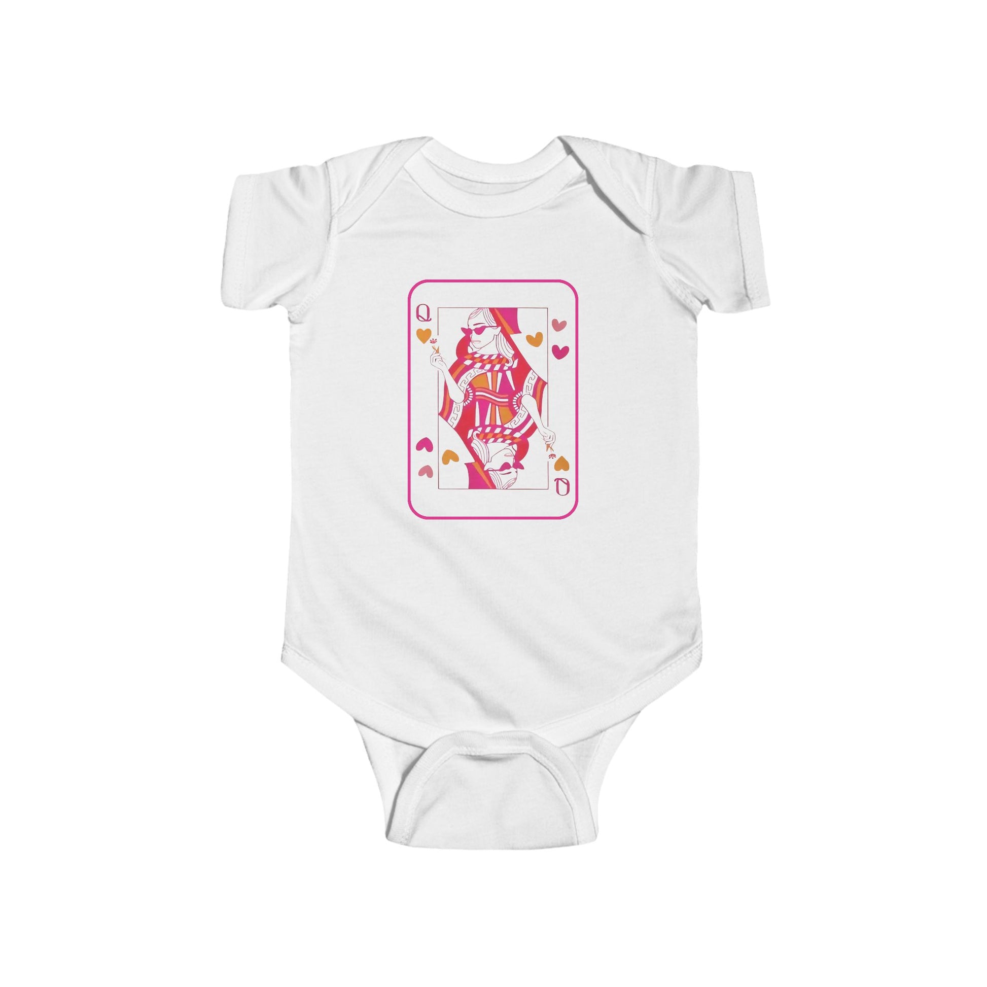 White baby onesie with a graphic design on a white background
