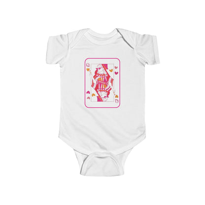 White baby onesie with a graphic design on a white background