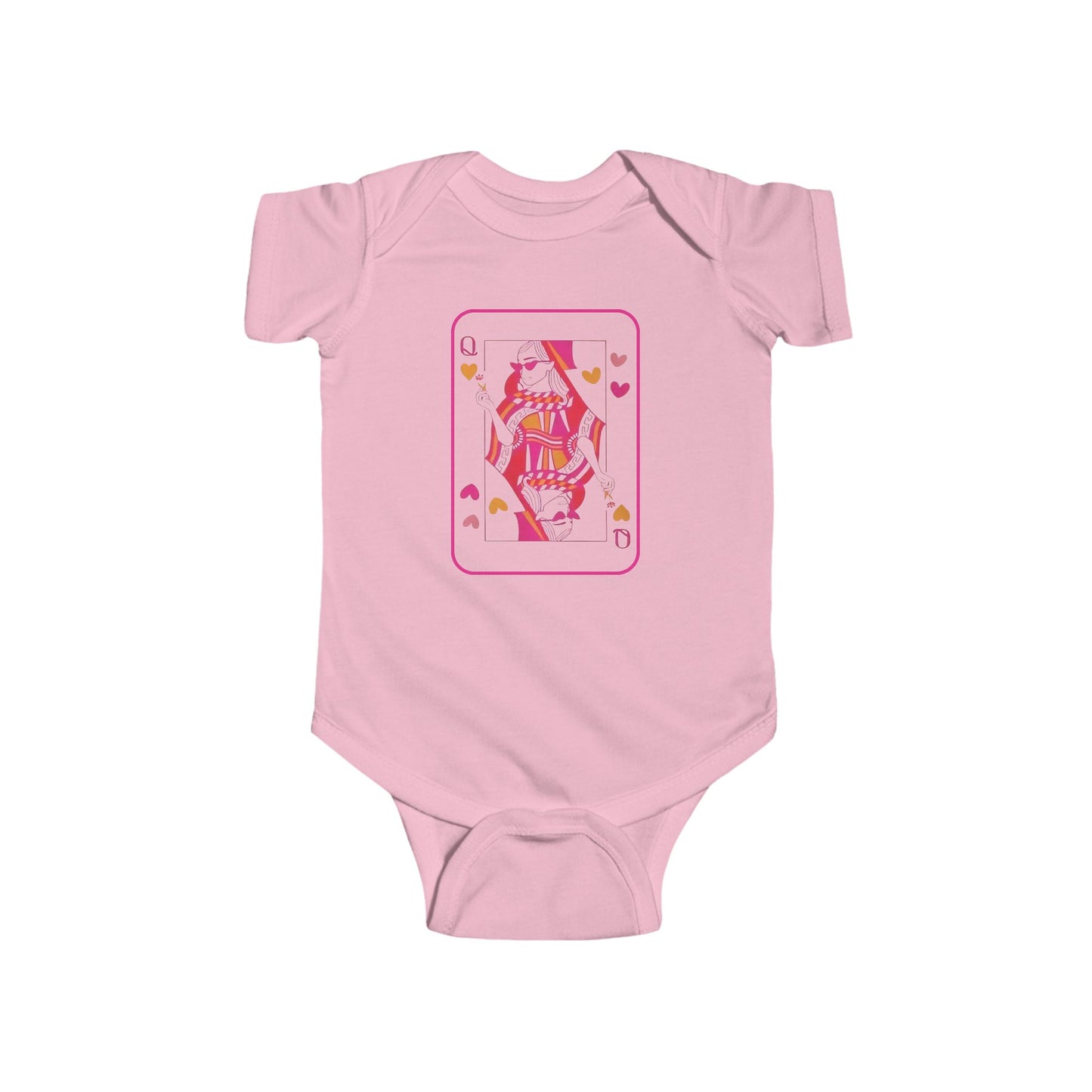 Pink baby onesie with a graphic design on a white background