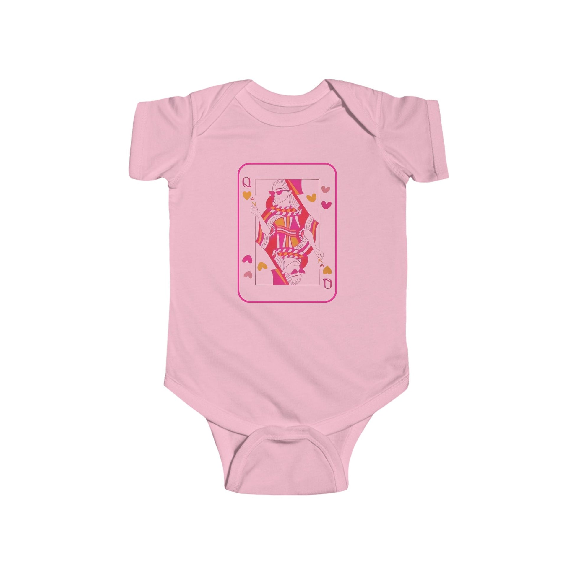 Pink baby onesie with a graphic design on a white background
