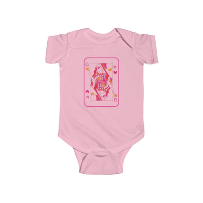 Pink baby onesie with a graphic design on a white background