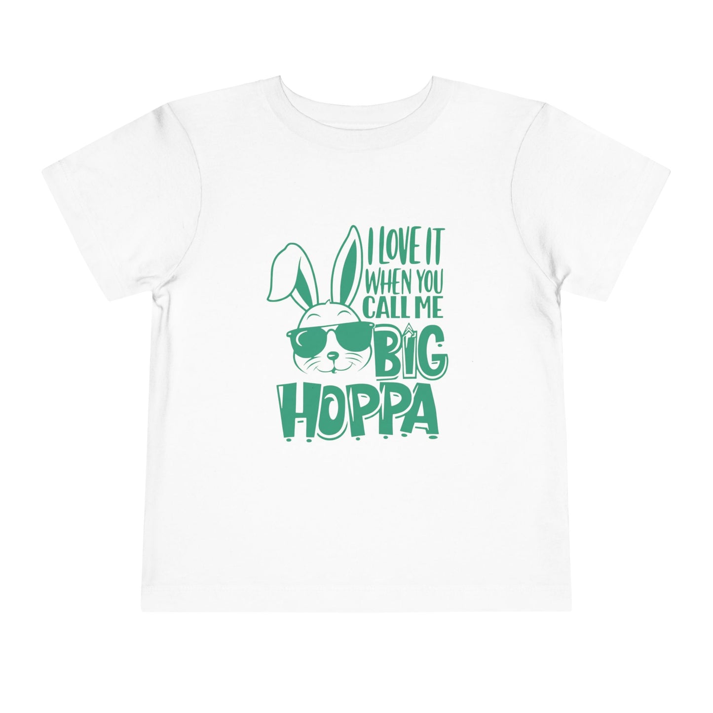White t-shirt with green bunny graphic and text on a white background