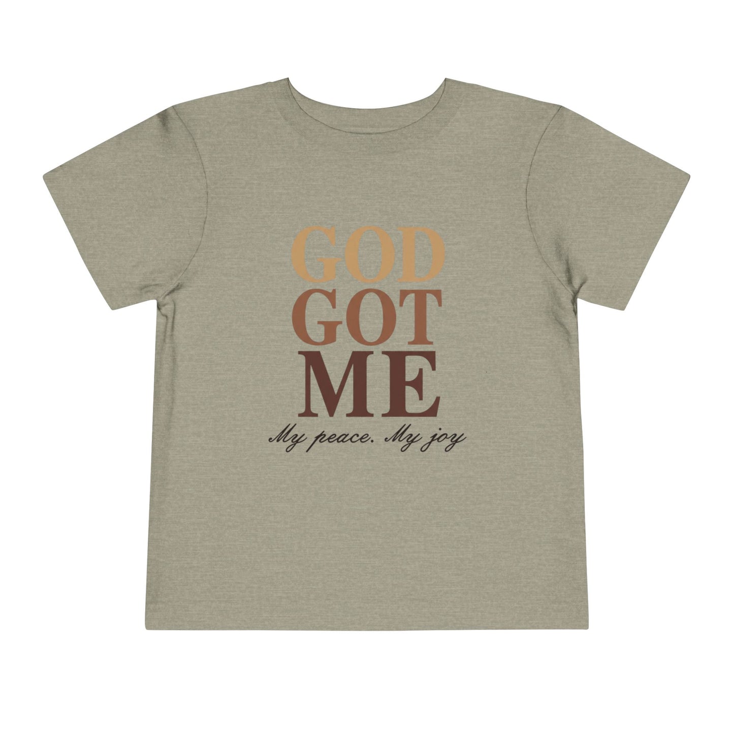 Beige t-shirt with 'GOD GOT ME My peace. My joy' text on a white background