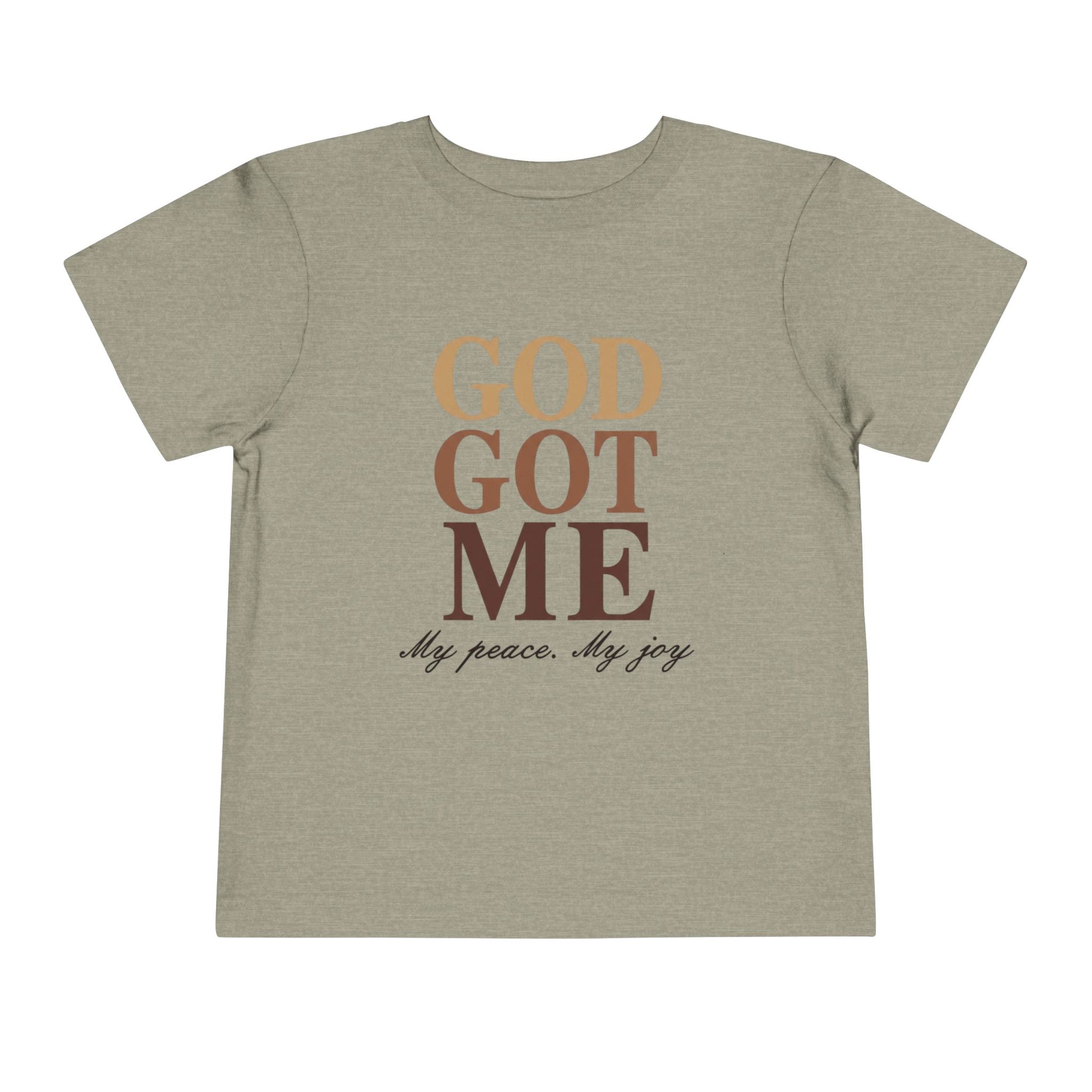 Beige t-shirt with 'GOD GOT ME My peace. My joy' text on a white background
