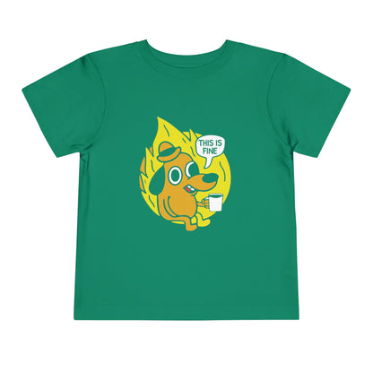Green t-shirt with a yellow dog graphic and 'This is fine' text on a white background