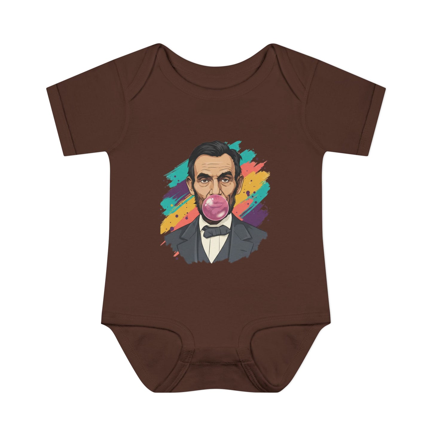 Brown baby onesie with a colorful graphic of a historical figure on a white background