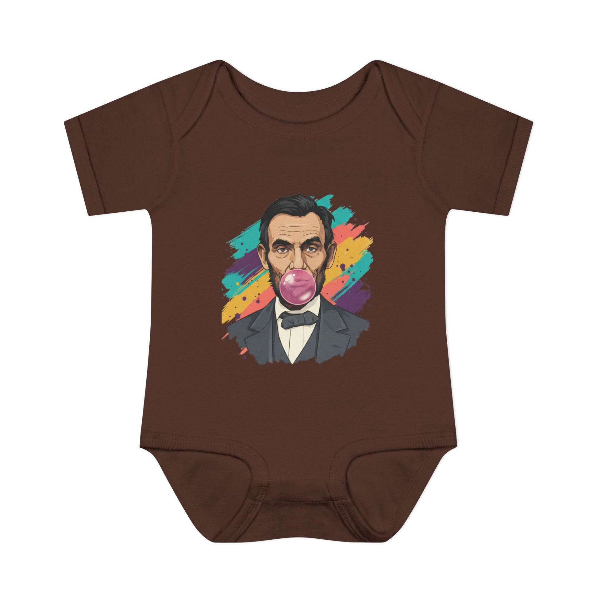 Brown baby onesie with a colorful graphic of a historical figure on a white background