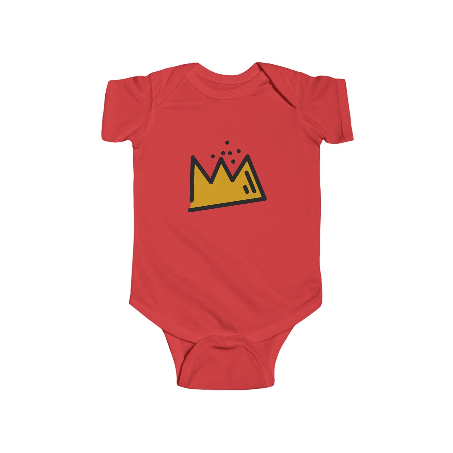 Red baby onesie with a yellow and black Basquiat graphic on a white background