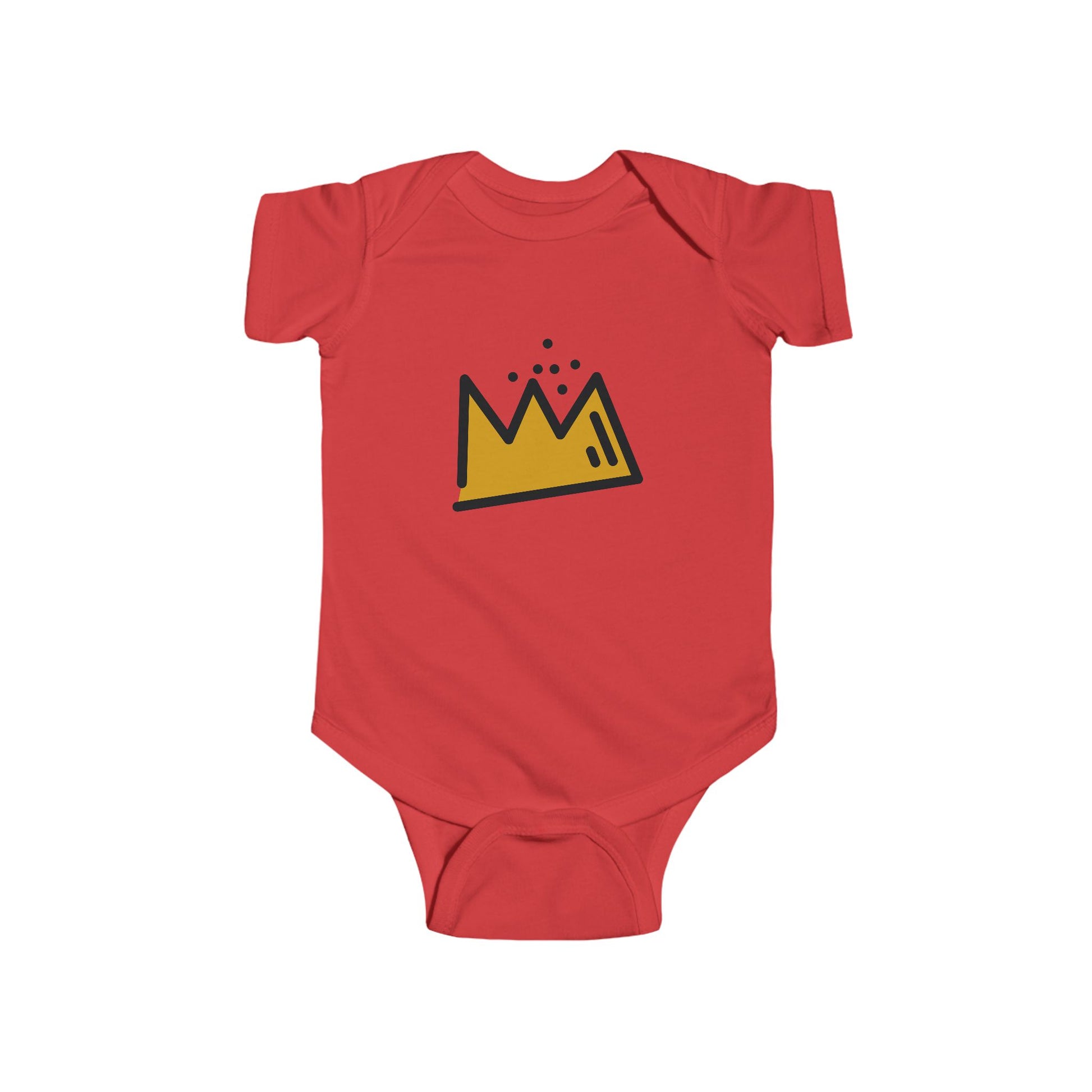 Red baby onesie with a yellow and black Basquiat graphic on a white background