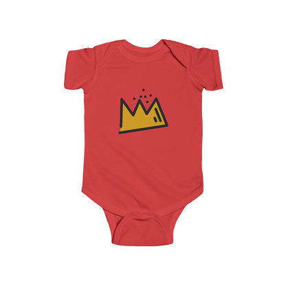 Red baby onesie with a yellow and black Basquiat graphic on a white background