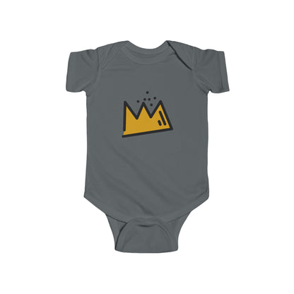 Gray baby onesie with a yellow Basquiat crown design on a white background