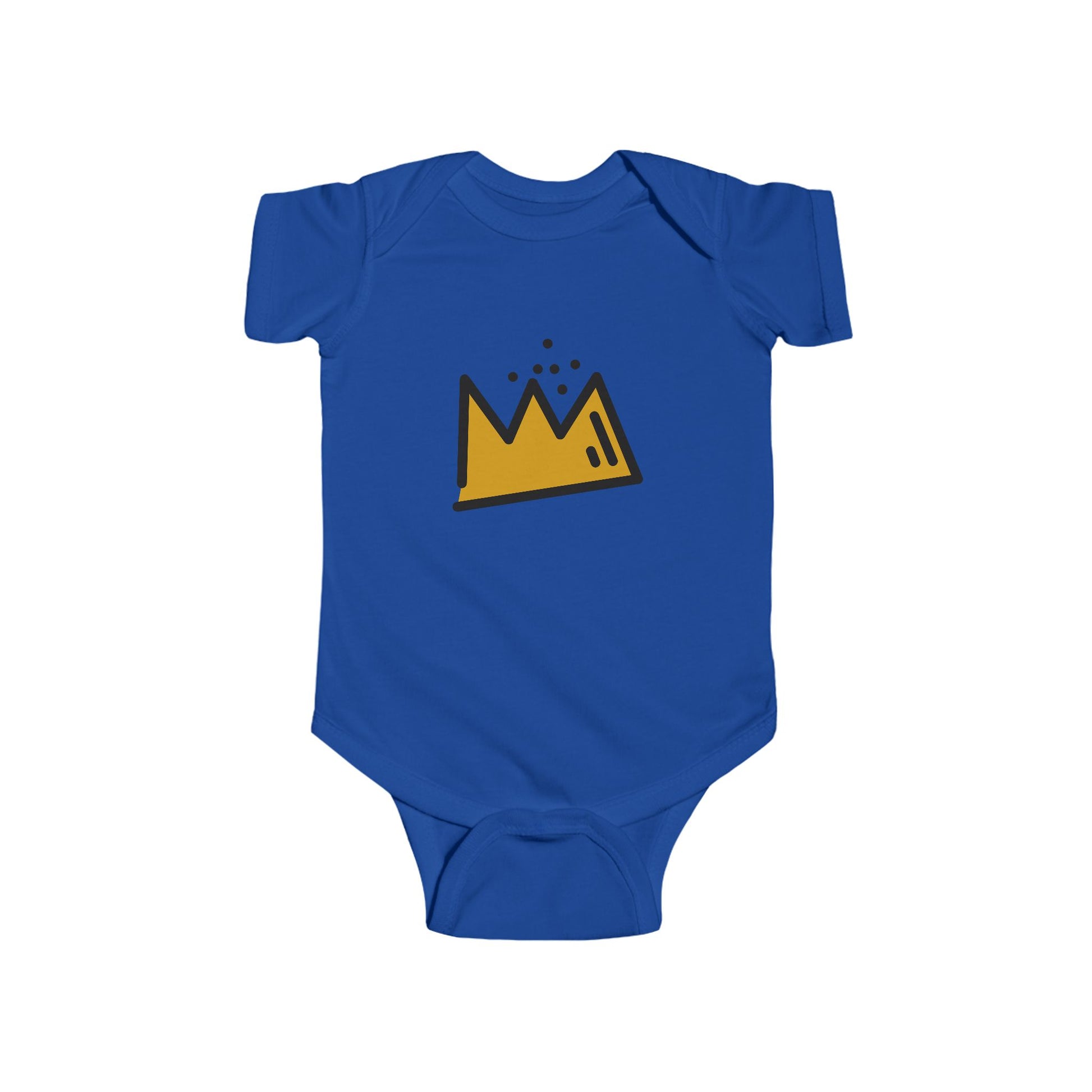 Blue baby onesie with a yellow Basquiat crown design on a white background
