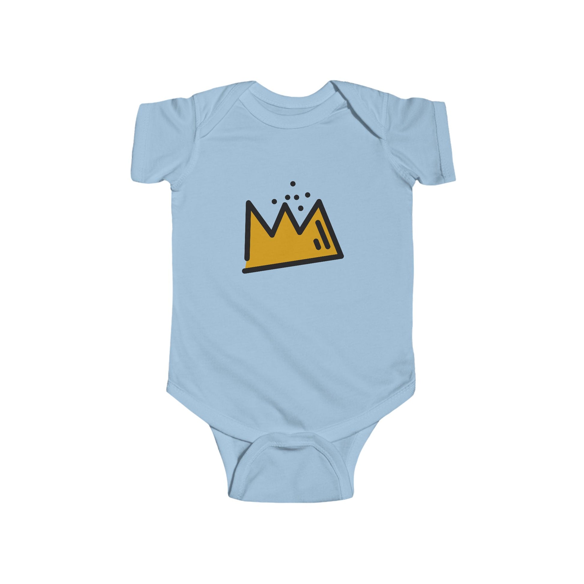 Light blue baby onesie with a yellow Basquiat crown design on a white background