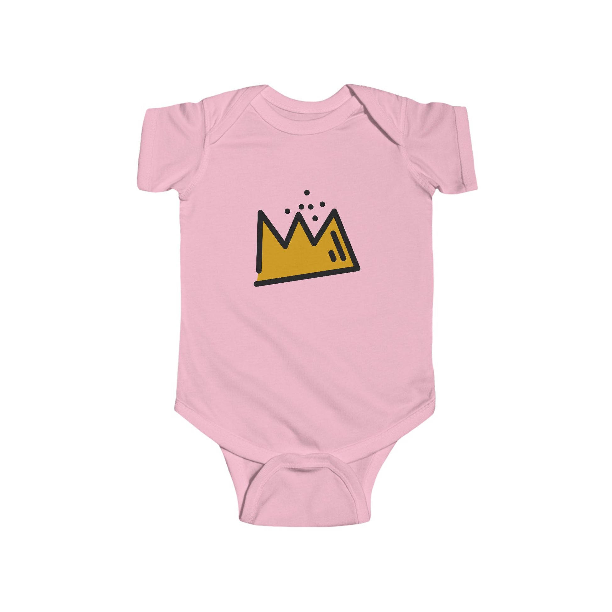 Pink baby onesie with a yellow Basquiat crown design on a white background