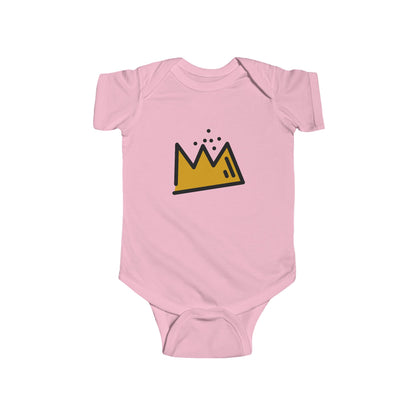 Pink baby onesie with a yellow Basquiat crown design on a white background